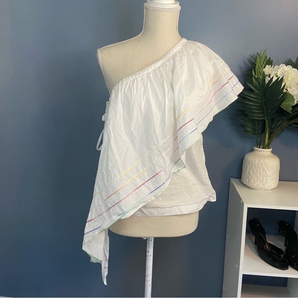 Central Park West White Rainbow Embroidery Asymmetrical One Shoulder Ruffle Top
